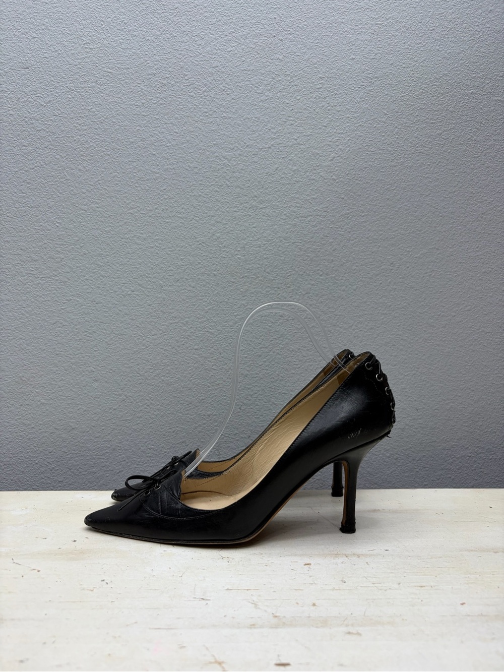 Jimmy Choo Black Leather Pointed Toe Lace up Bow Pumps Size 37
